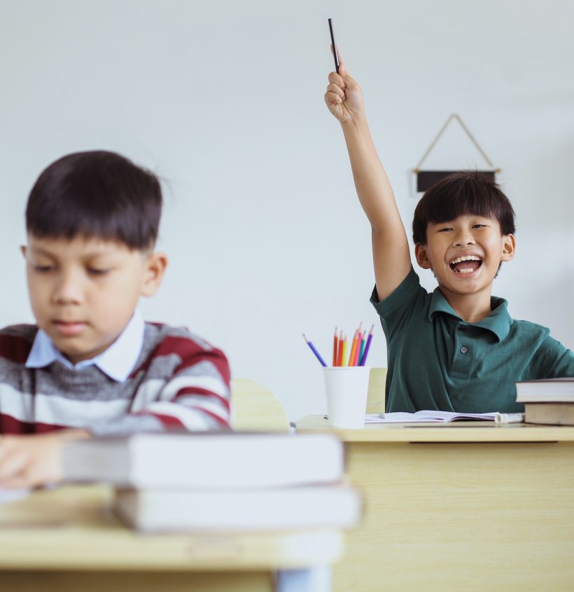Smart student rising hand in the class